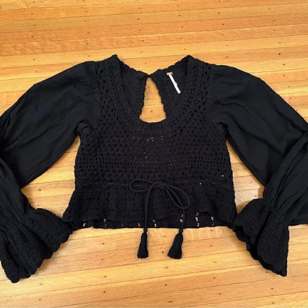 Free People Megan Crochet Knit Peplum Puff Sleeve Crop Tassel long sleeve top